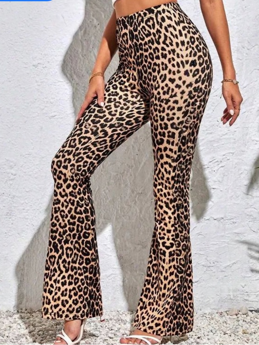 High-Waist Leopard Print Flare Pants - Beige/Black